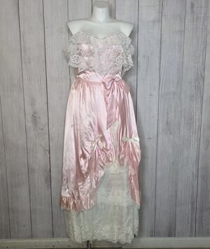 Vtg 80s Erika's Place Pink Satin Lace Off Shoulder Victorian Prom Gown, sz 15/16